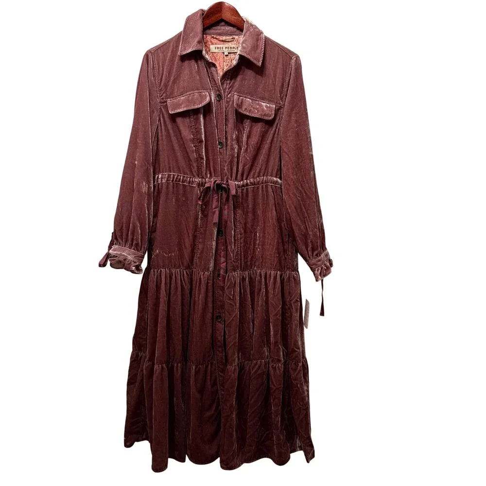 NWT Free People Bella Donna Maxi Duster Coat Mauve Velvet Tiered Pockets Small